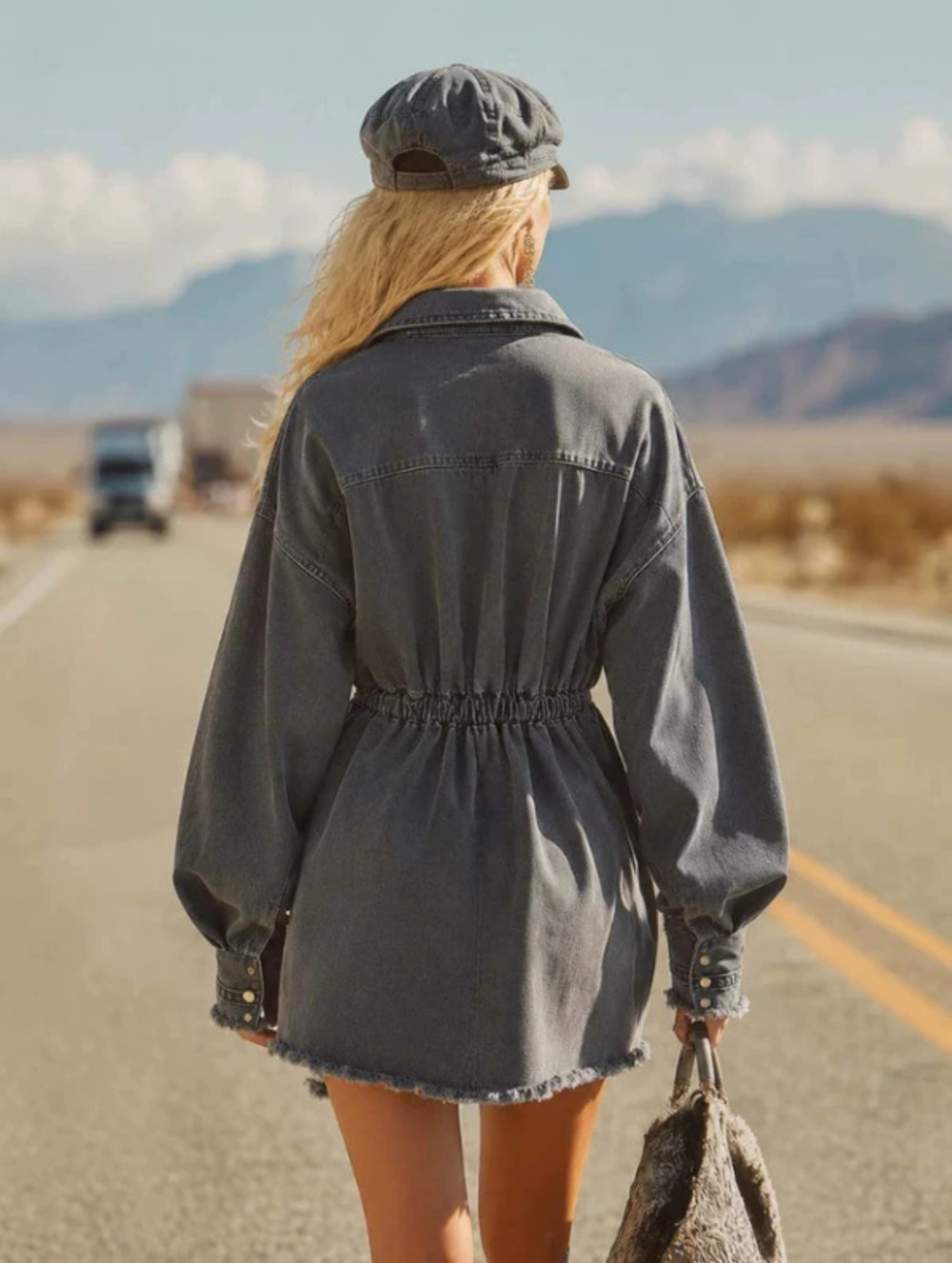 Retro Casual Gray Denim Mini Skirt with Lapel Front